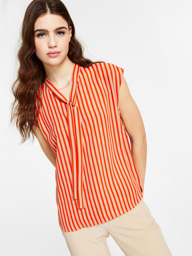 Image for Women's Striped Tie High Neck Top,Orange/Beige