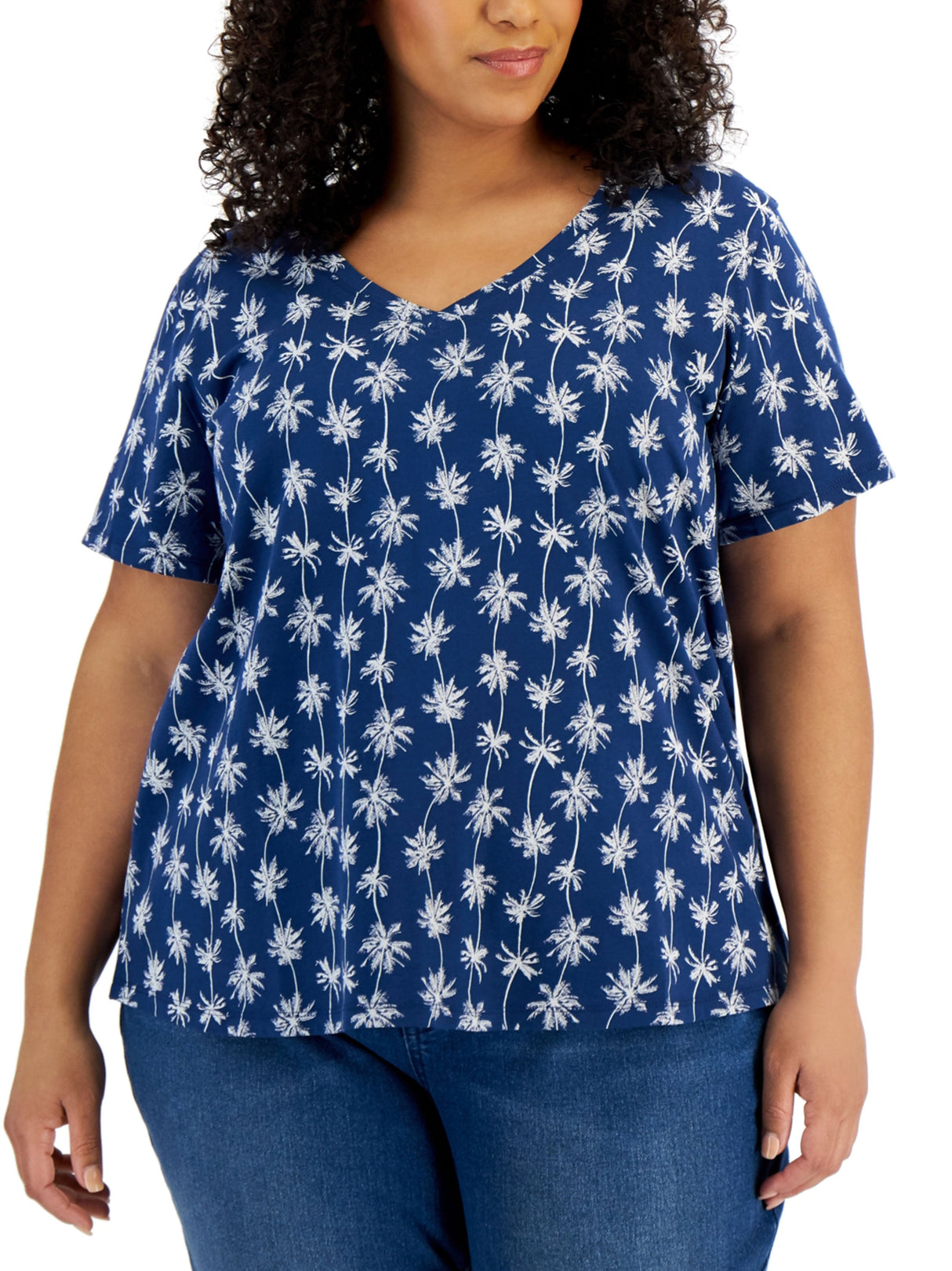 Image for Women's Palm Tree Graphic Printed Top,Navy