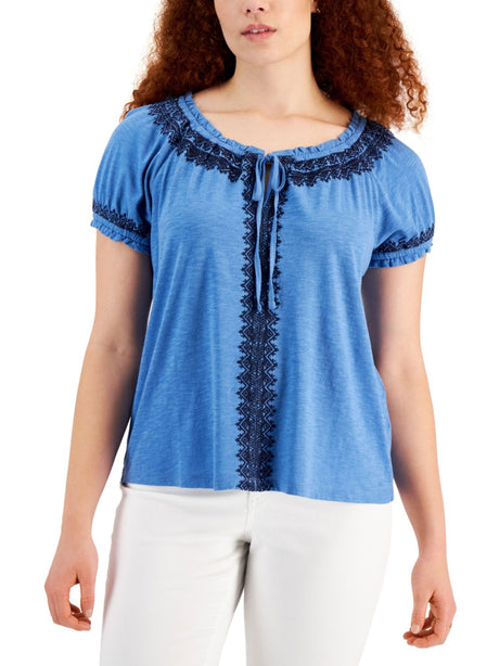 Image for Women's Graphic Embroidered Short Sleeve Top,Blue