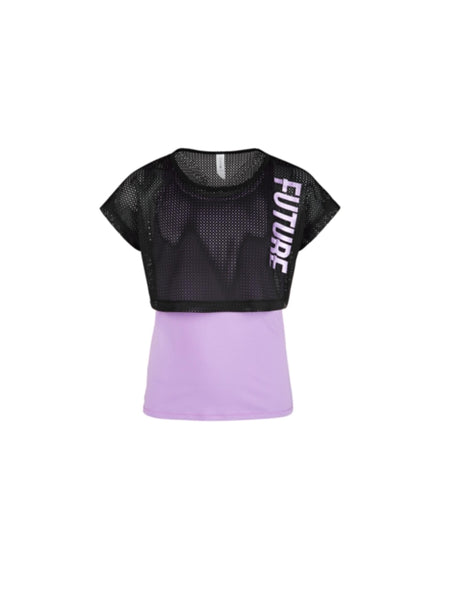 Image for Kids Girl 2 Sets Criss Cross with Short Sleeve Mesh Top,Black/Purple