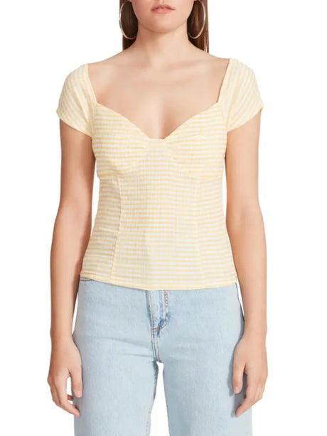Image for Women's Stripped Short Sleeve Casual Top,White/Yellow