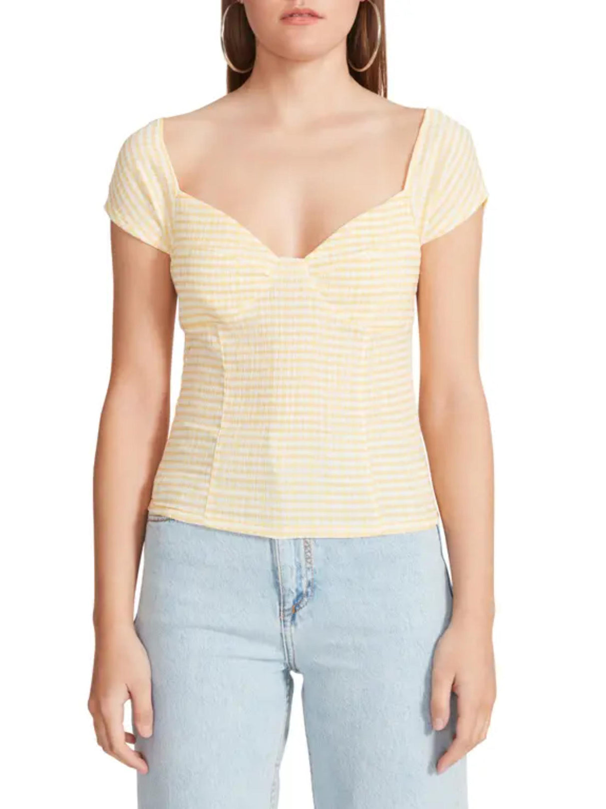 Image for Women's Stripped Short Sleeve Casual Top,White/Yellow