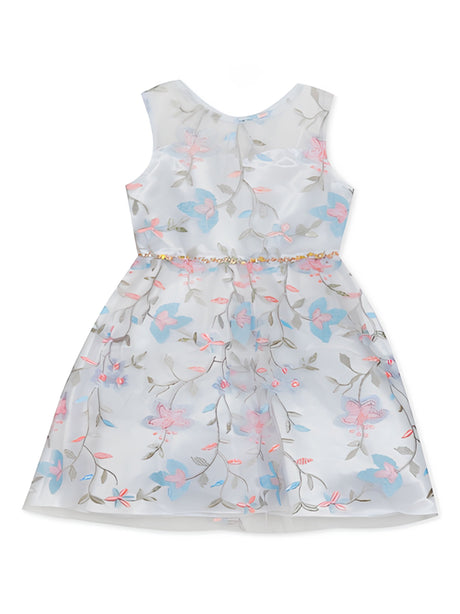 Image for Kids Girls Floral Embroidered Mesh Dress,White