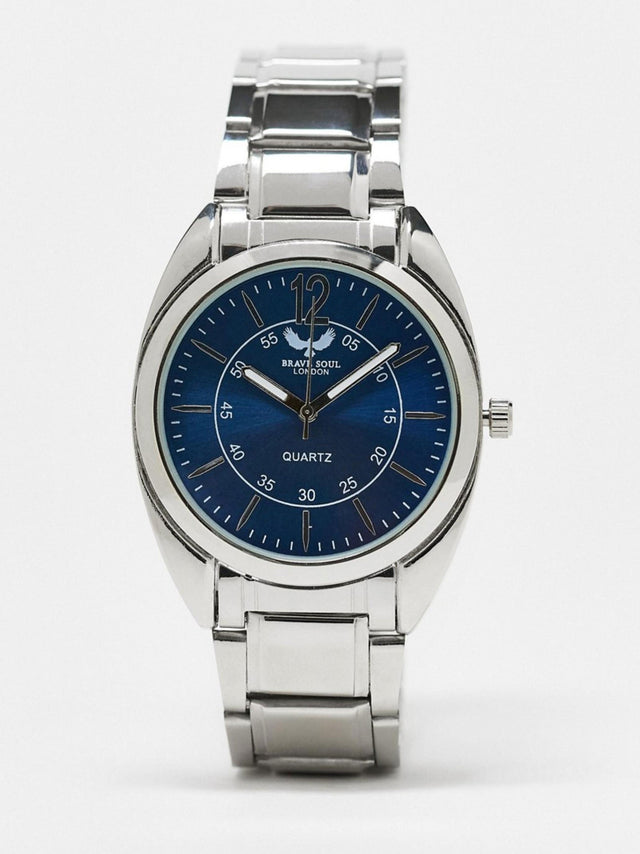 Image for Chunky Link Strap Watch In Silver With Blue Dial