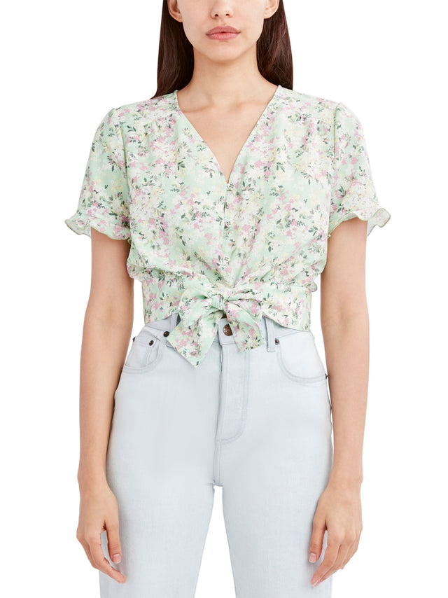Image for Women's Tie Front Floral Printed Button Top,Green