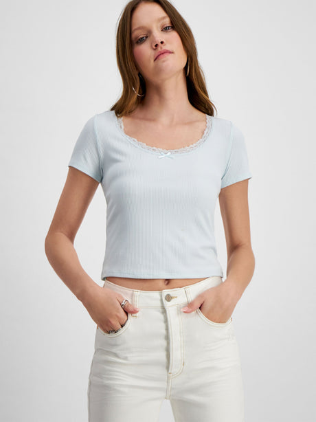 Image for Women's Lace-Trimmed Ribbed Crop Top,Light Blue