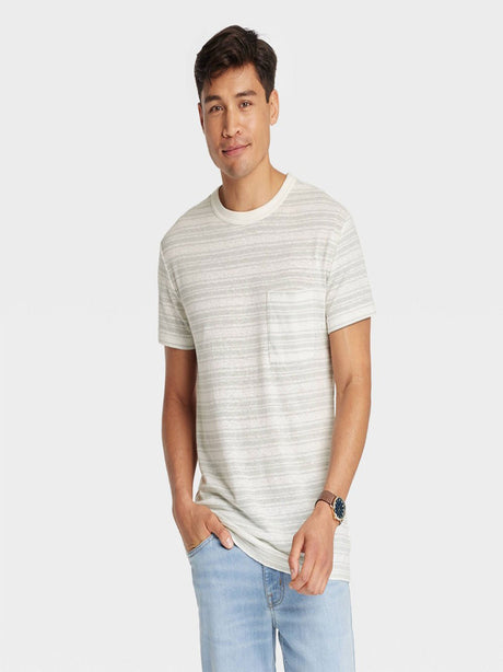 Image for Men's Striped Side Pocket Hemp T-Shirt,White/Green