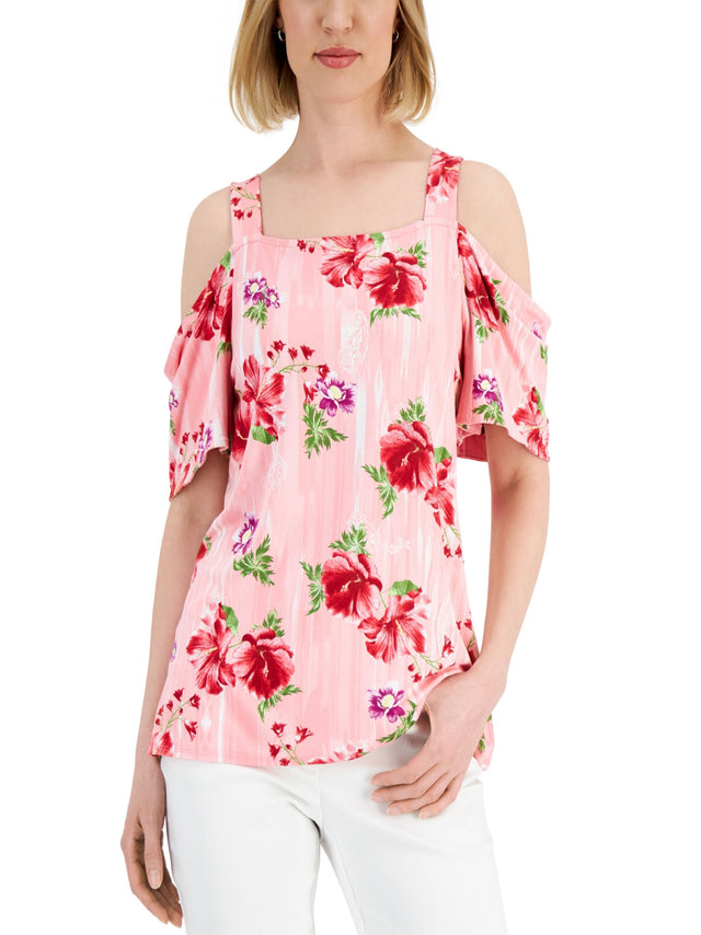 Image for Women's Floral Printed Cold-Shoulder Top,Pink