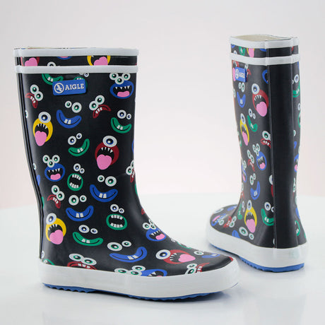 Kids Girl Graphic Faces Printed Rain Boots,Black