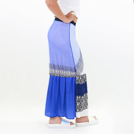 Women's Chiffon Ruffled Long Skirt,White/Blue