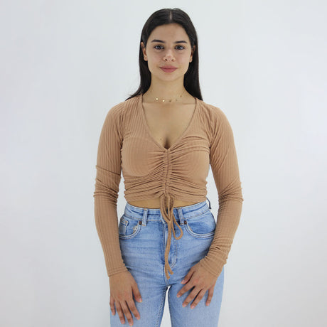 Image for Women's Ribbed Smocked Casual Top,Light Brown