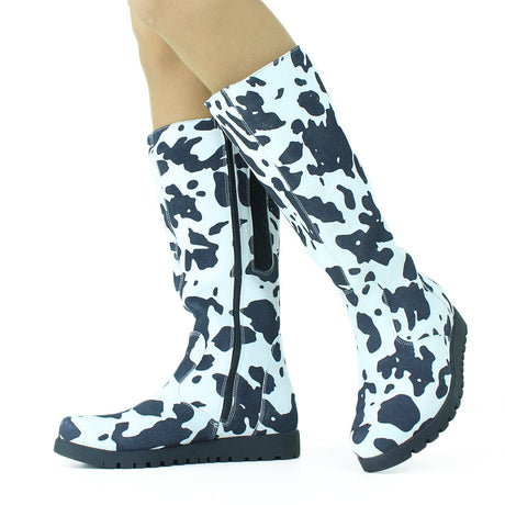 Women's Zipper Closure Printed Boot,White