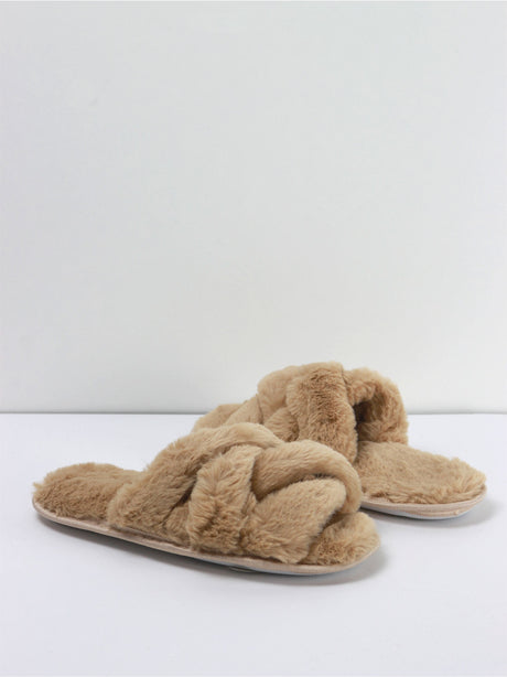 Image for Women's Faux Fur Slip-On Slippers,Beige