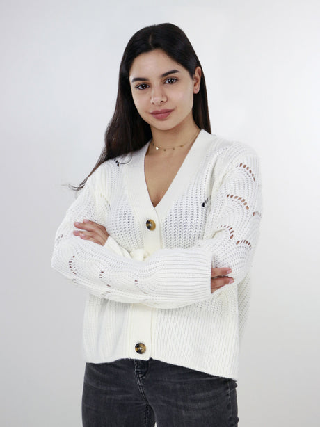 Women's Cable Chenille Button Closure Cardigan,White