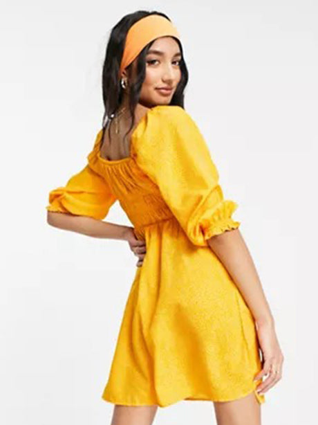 Image for Women's Shirred Bust Puff Sleeve Mini Dress,Orange