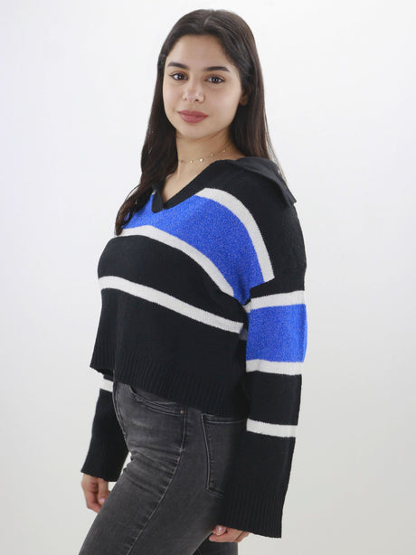 Women's Striped Spread Collar Sweaters,Black