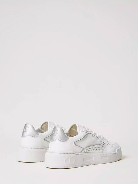Women's Leather with micro studs shoes,White