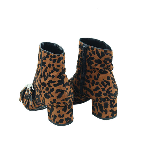 Women's Leopard Suede Ankle Boot,Black/Camel