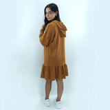 Women's Plain Hooded Ruffled Dress,Camel