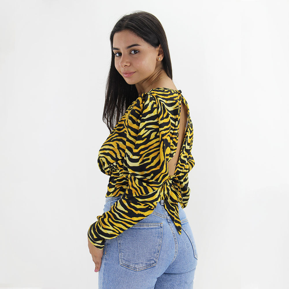 Women's Zebra Printed Oppen Back Top,Yellow/Black