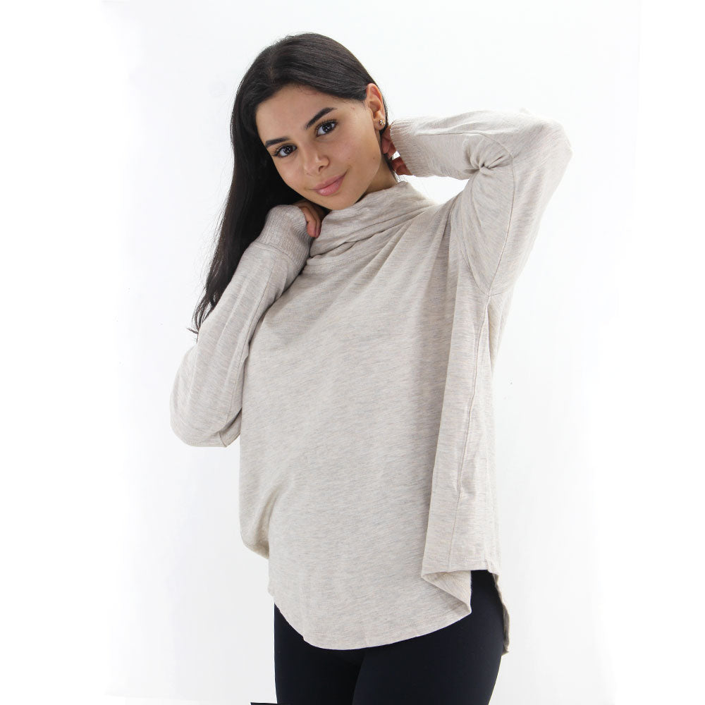 Women's Turte Neck Washed Sweatshirt,Beige