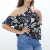 Women's Printed Cold Shoulder Top,Black