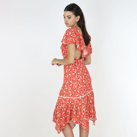 Women's Ruffled Floral Casual Midi Dress,Coral