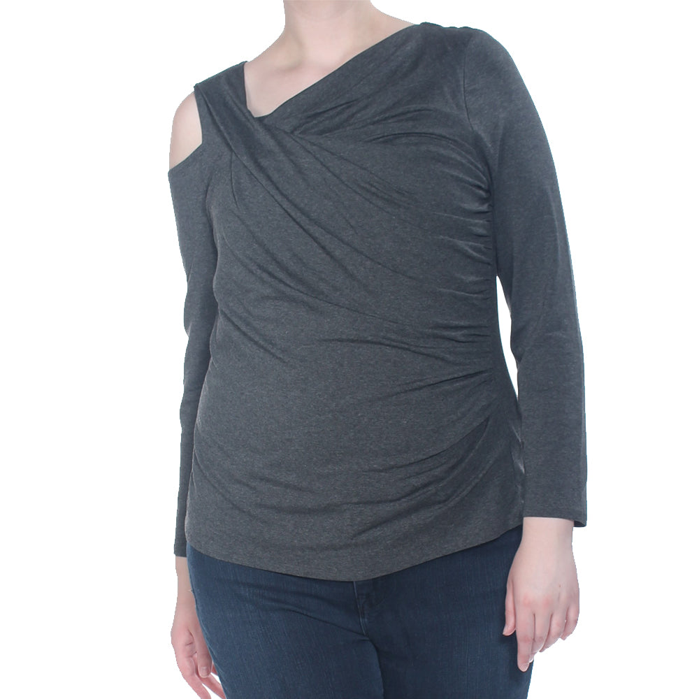 Image for Women's Gray Ruched Cold Shoulder Top,Dark-Grey