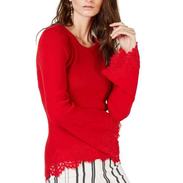 Image for Women's Lace Trim Bell Sleeve Pullover Sweater,Red