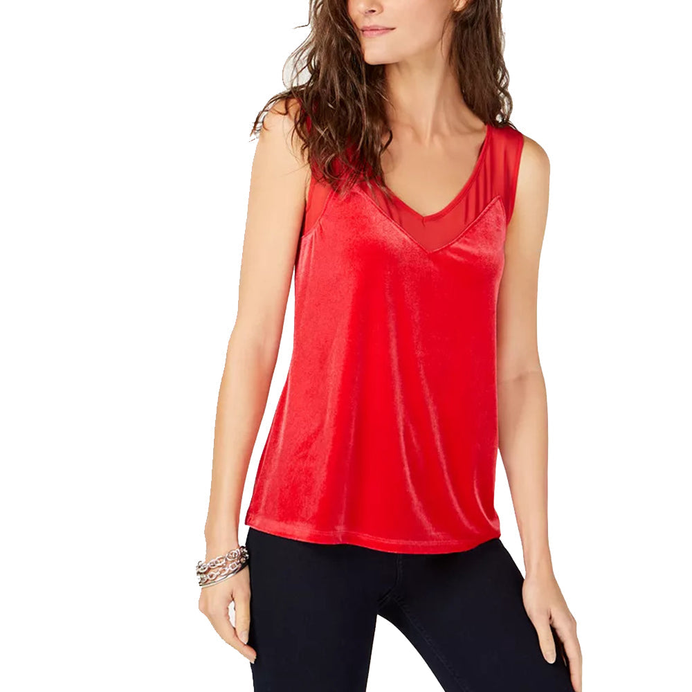 Image for Women's Velvet Sheer-Inset Top,Red